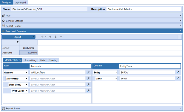 Cube View properties have a Designer tab and Advanced tab. The Designer tab features sliders for POV, General Settings, Report Header, Rows and Columns, and Report Footer. The Rows and Columns slider has Member Filters and Formatting tabs.